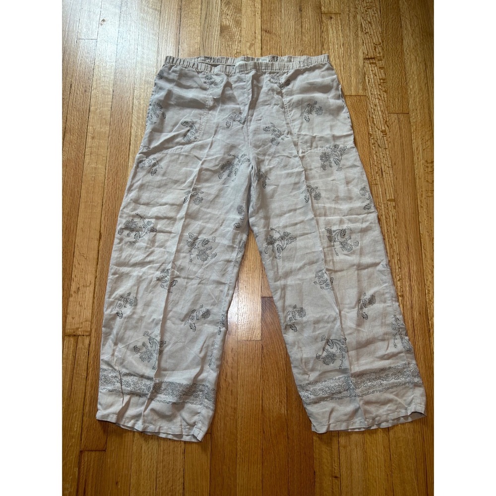 J. Jill Linen Floral Wide Leg Crop Pants Beige Petite Medium MP 100% Linen USA